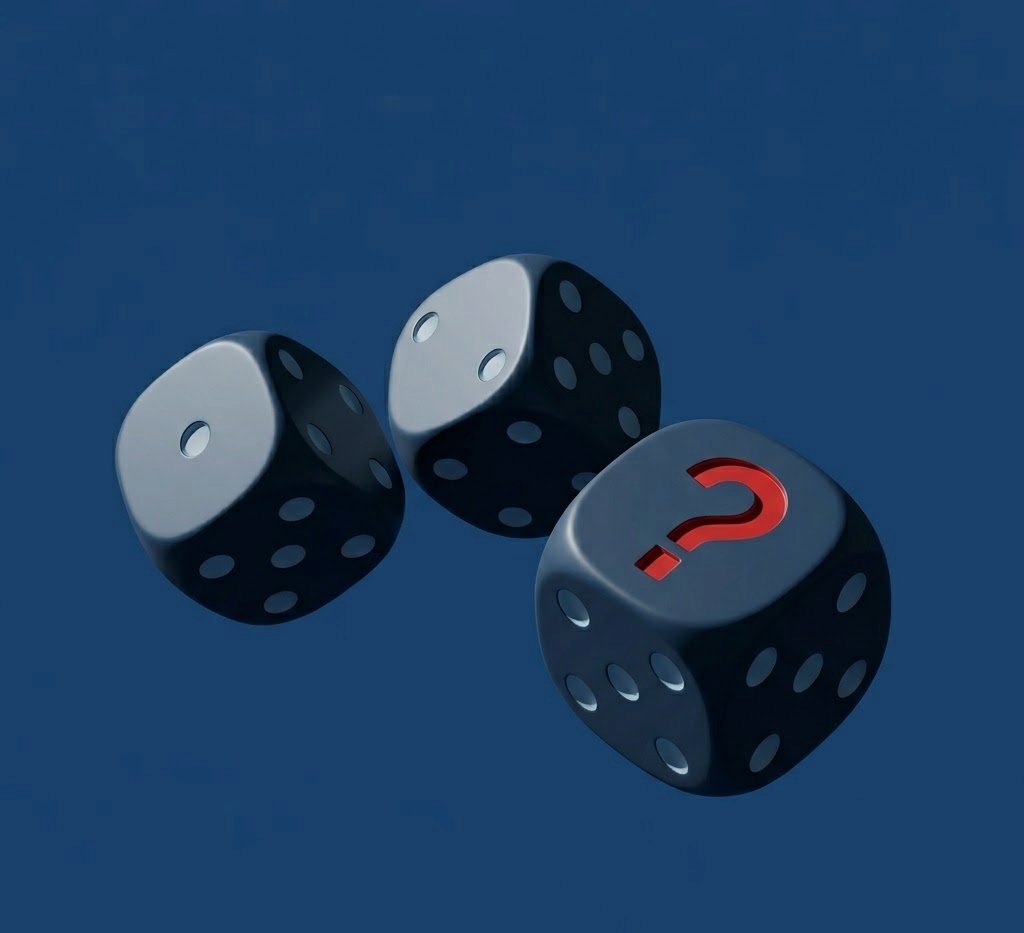 Three dice, the front one showing a red question mark, representing project cost and schedule uncertainty
