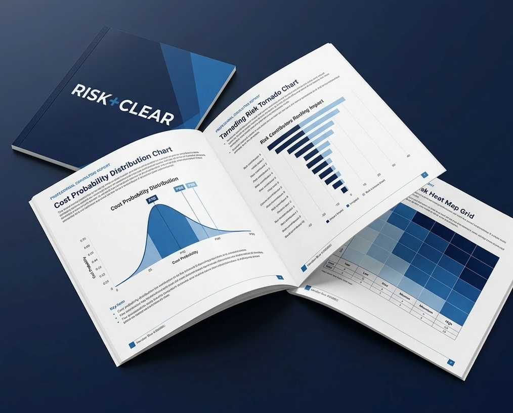 Sample RISK+CLEAR report showing cost probability distribution chart, tornado chart of risk contributors, and risk heat map grid